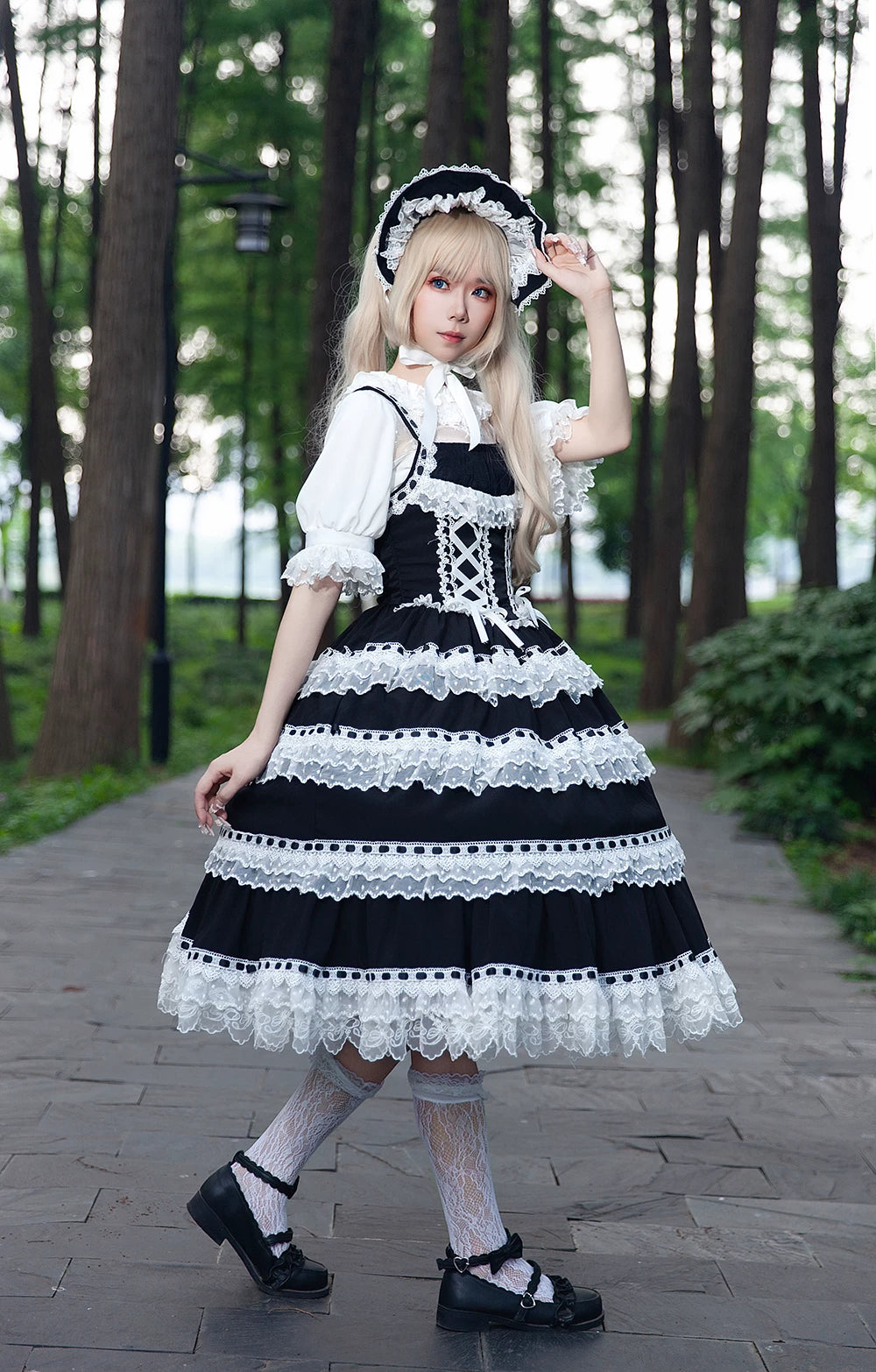 Mirror Doll - Old School Lolita Tiered Hem JSK with Polka Dot Lace 45540:853667