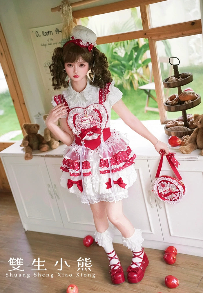 Shuang Sheng Xiao Xiong - Bite The Cake - Sweet Lolita Dress, Red & White Polka Dots 43600:780695