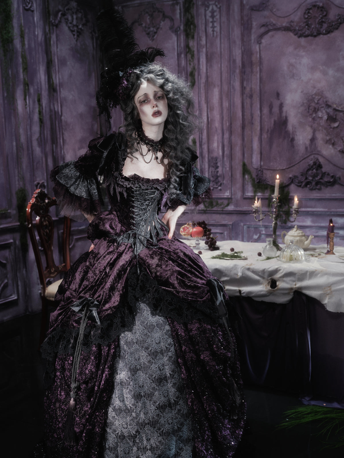 Undead's Gift - Halloween Gothic Lolita Draped Panel Skirt Set, 3D floral lace