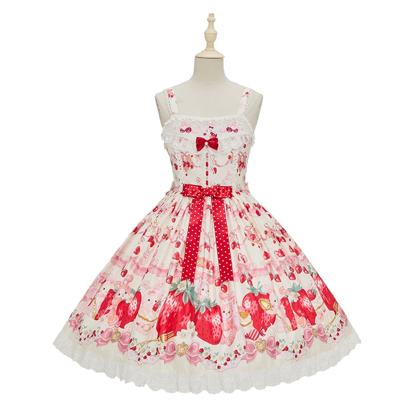 Strawberry Momo Party - Sweet Lolita OP and JSK, Strawberry Print and Cake Embroidery (L M S XL XS) 45548:853159