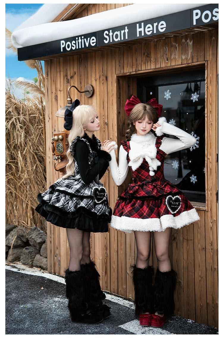 With PUJI - Snow Night Serenade - Fluffy Plaid Kawaii Lolita JSK, Reversible Cape 44279:802356