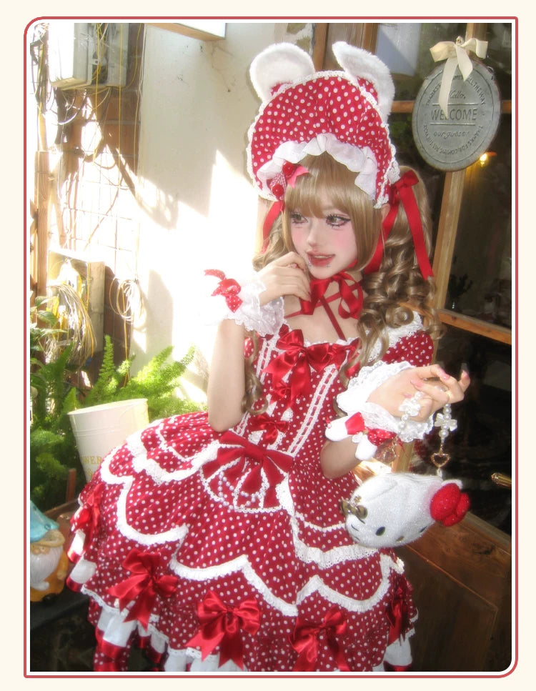Berry Dew Drops - Red Old School Lolita OP Dress, Polka Dot