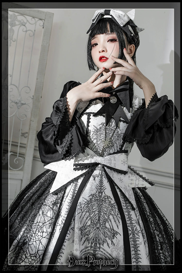DuskProphecy - Coccyx - Elegant Lolita Dress High Waist Fishbone Print JSK Set 34722:466606