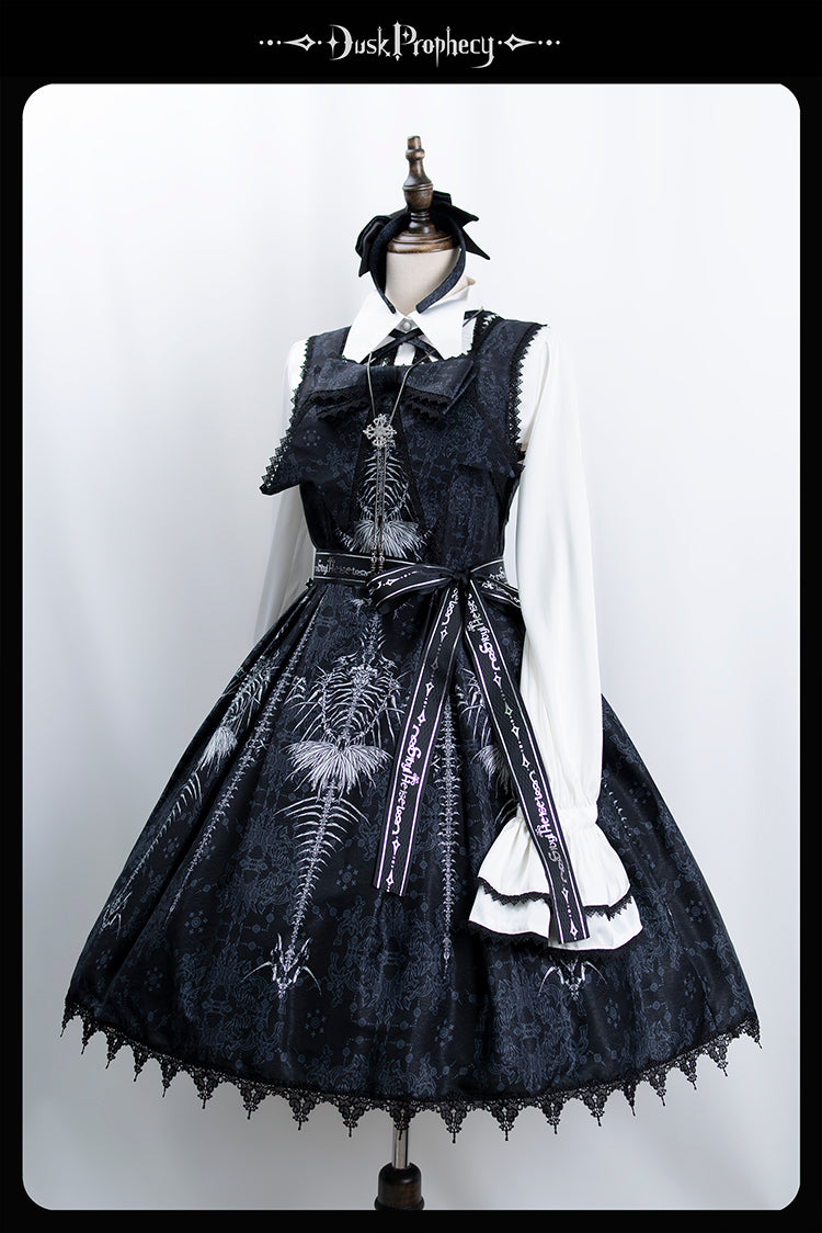 DuskProphecy - Coccyx - Elegant Lolita Dress High Waist Fishbone Print JSK Set (L M S) 34722:466524