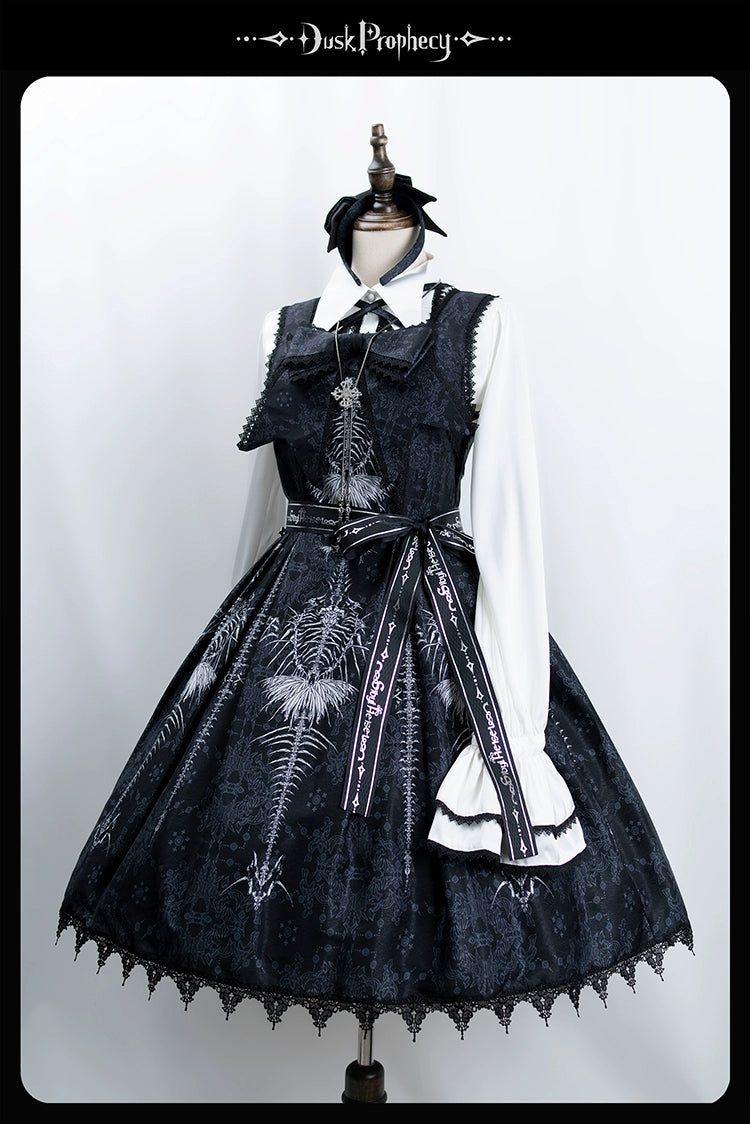 DuskProphecy - Coccyx - Elegant Lolita Dress High Waist Fishbone Print JSK Set 34722:466406