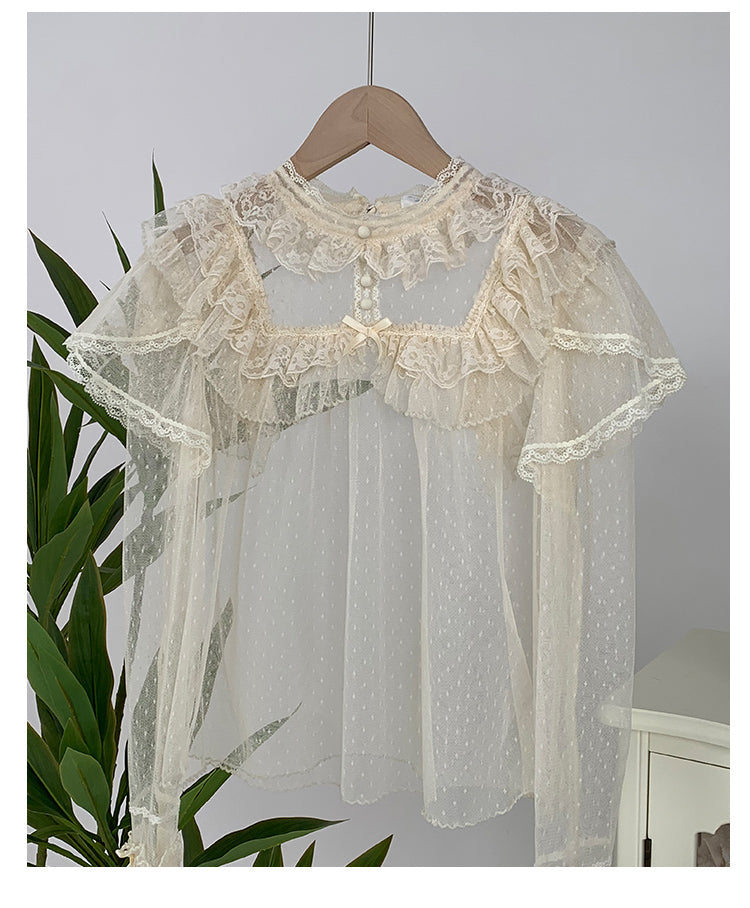With PUJI~Letters and Poems~Summer Classic Lolita Shirt with Dotted Tulle and Long Sleeve 42792:753893