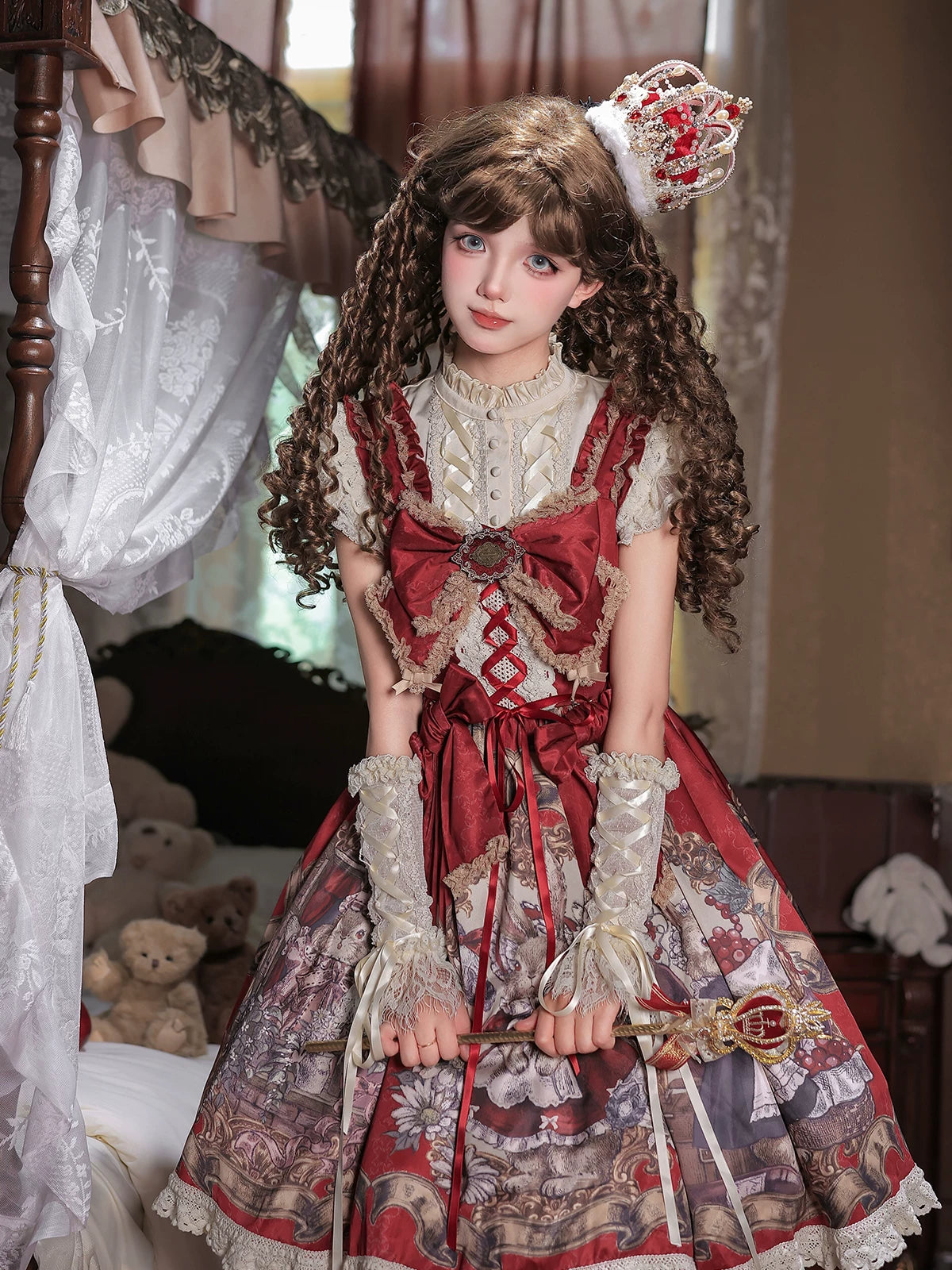 Mysterious Ribe - Red Classic Lolita Jumper Skirt & Blouse Set, Rabbit Print 45968:870074