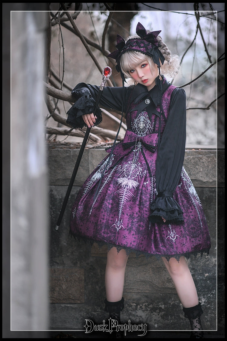 DuskProphecy - Coccyx - Elegant Lolita Dress High Waist Fishbone Print JSK Set 34722:466446