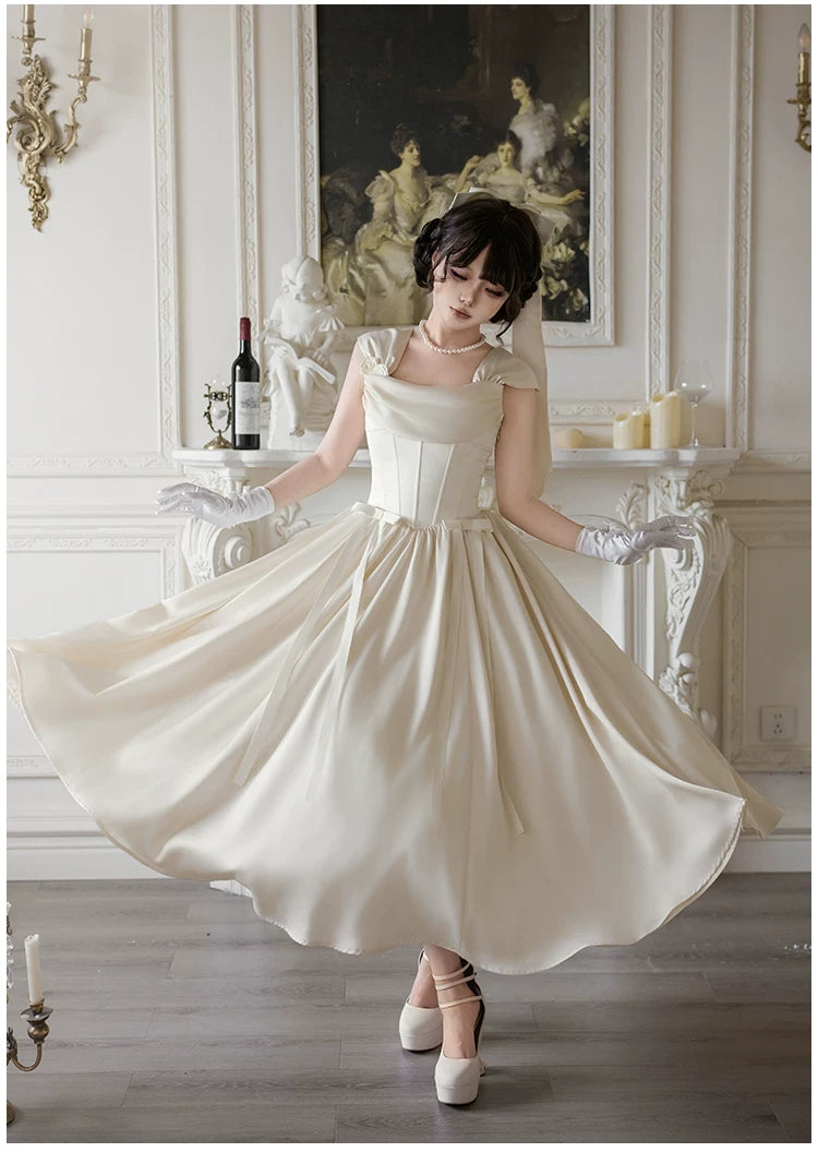 For Beloved - Classic Lolita Satin JSK Dress Set, Fishbone Waist