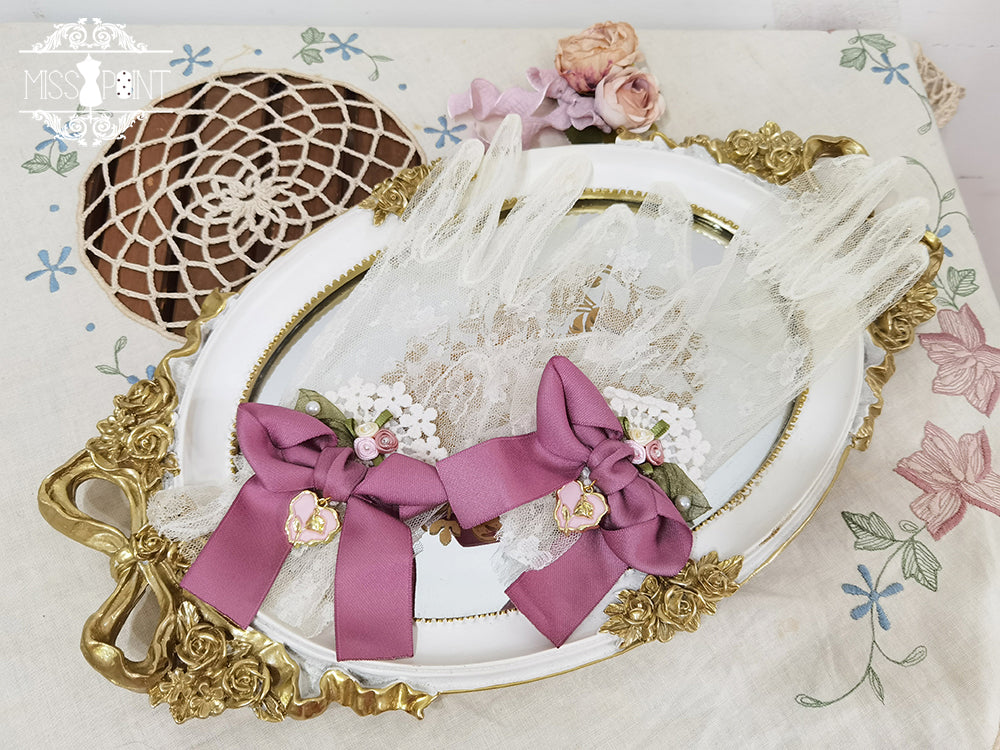 Miss Point - Lilyka Garden - Classic Lolita Headdress and Necklace Brooch Bow Trailing Lace Gloves - Plum Color