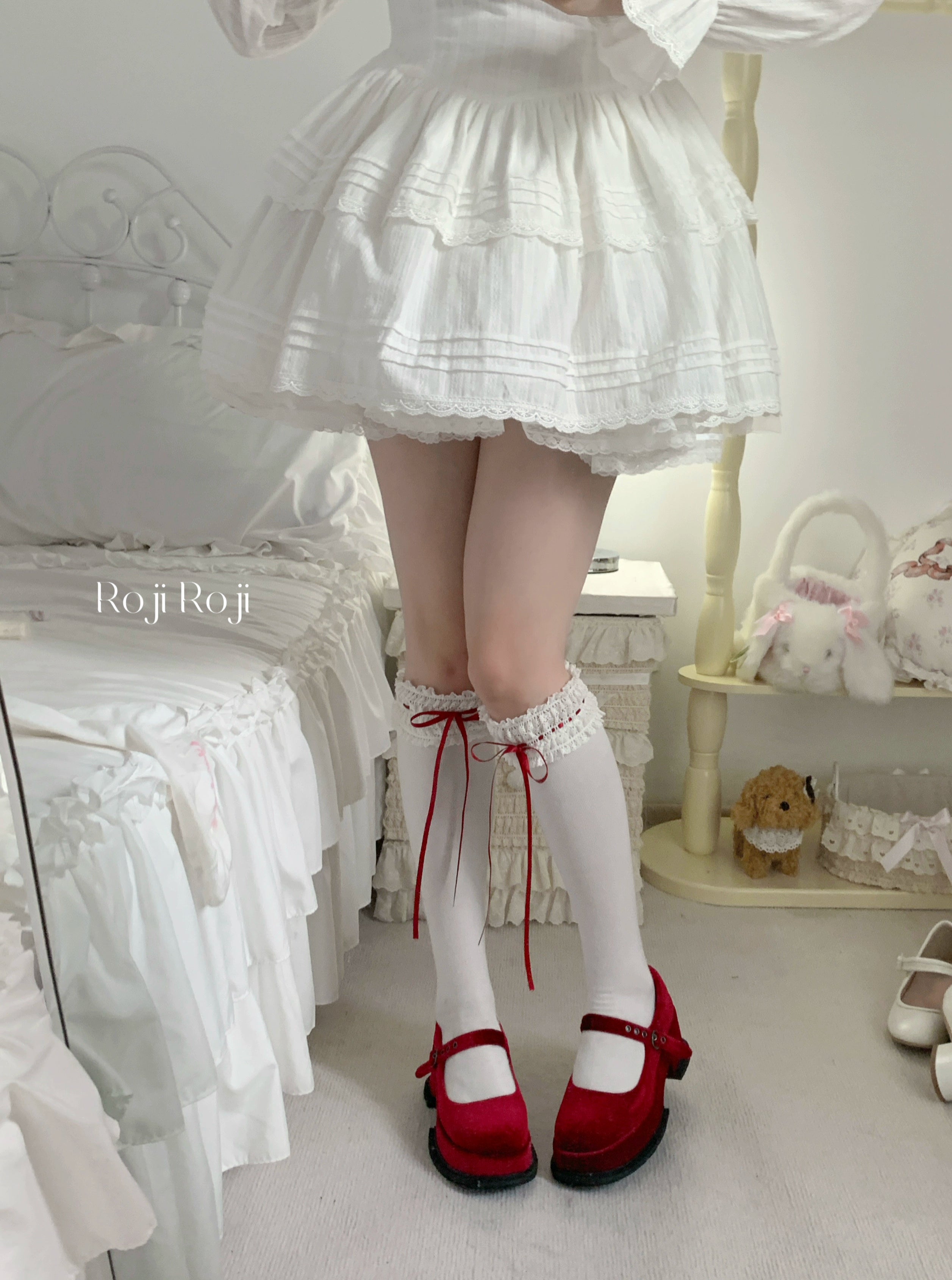Roji Roji - Gentle Town - Sweet Lolita Cotton Calf Socks, Ankle Socks Red calf socks One Size