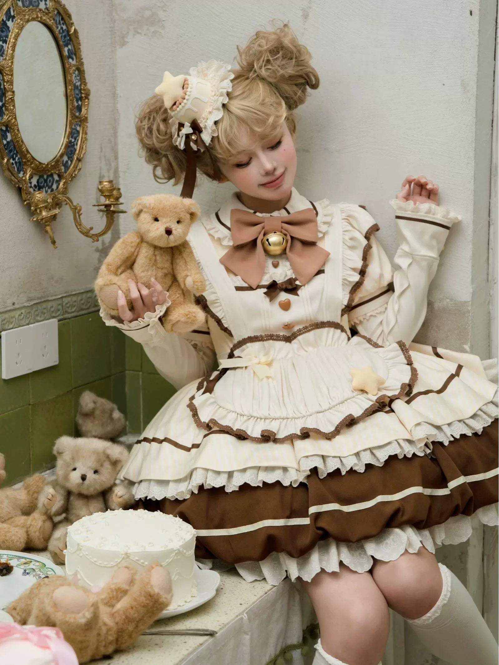 Sakurahime - Berry Bubble - Kawaii Lolita OP Tiered Ruffles Apron Lolita Dress Yellow OP + apron S