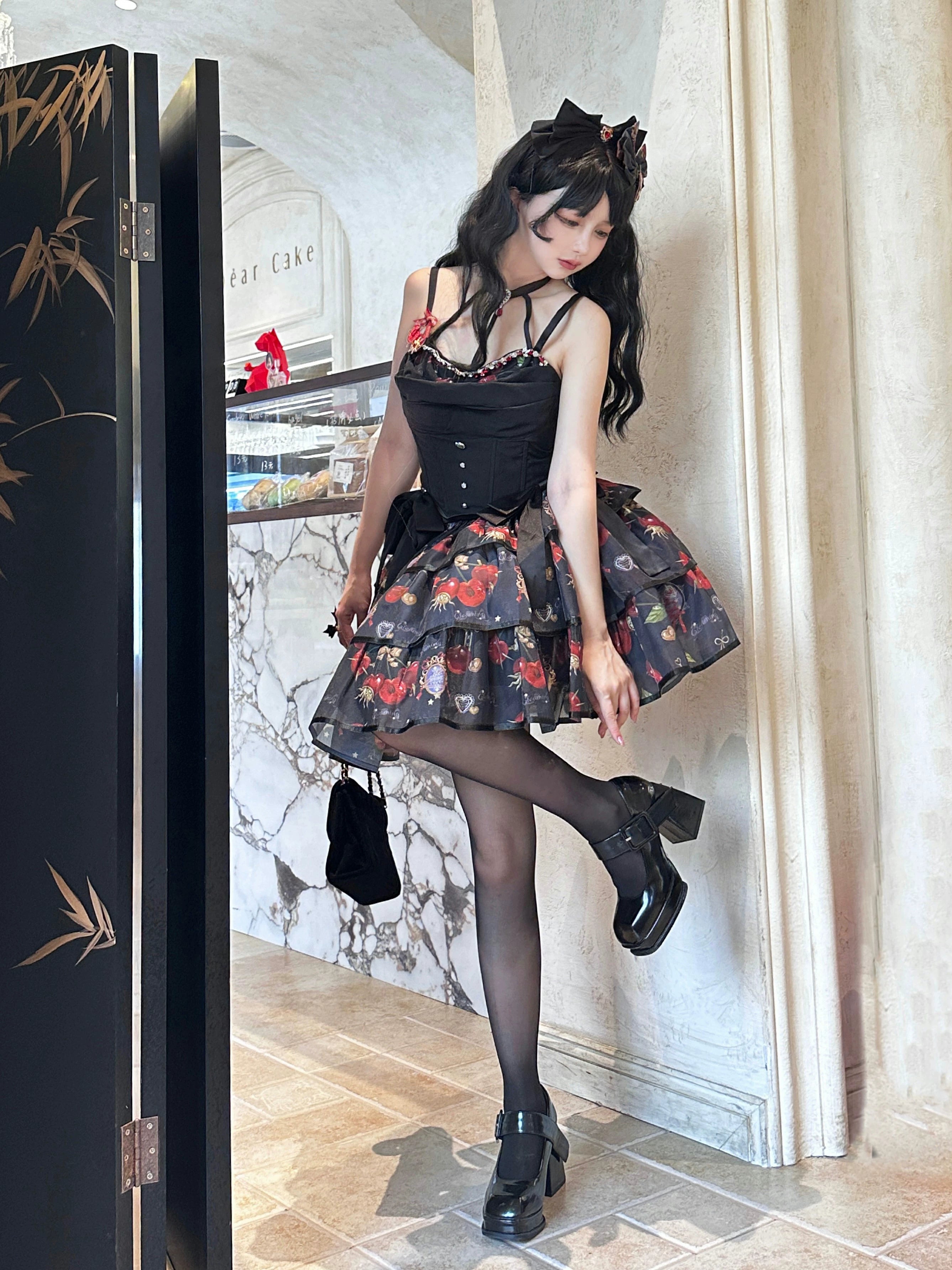 (Buy for me)Gloaming~Sweet Lolita Cherry print Short Sleeve OP and SK Set 28840:322556
