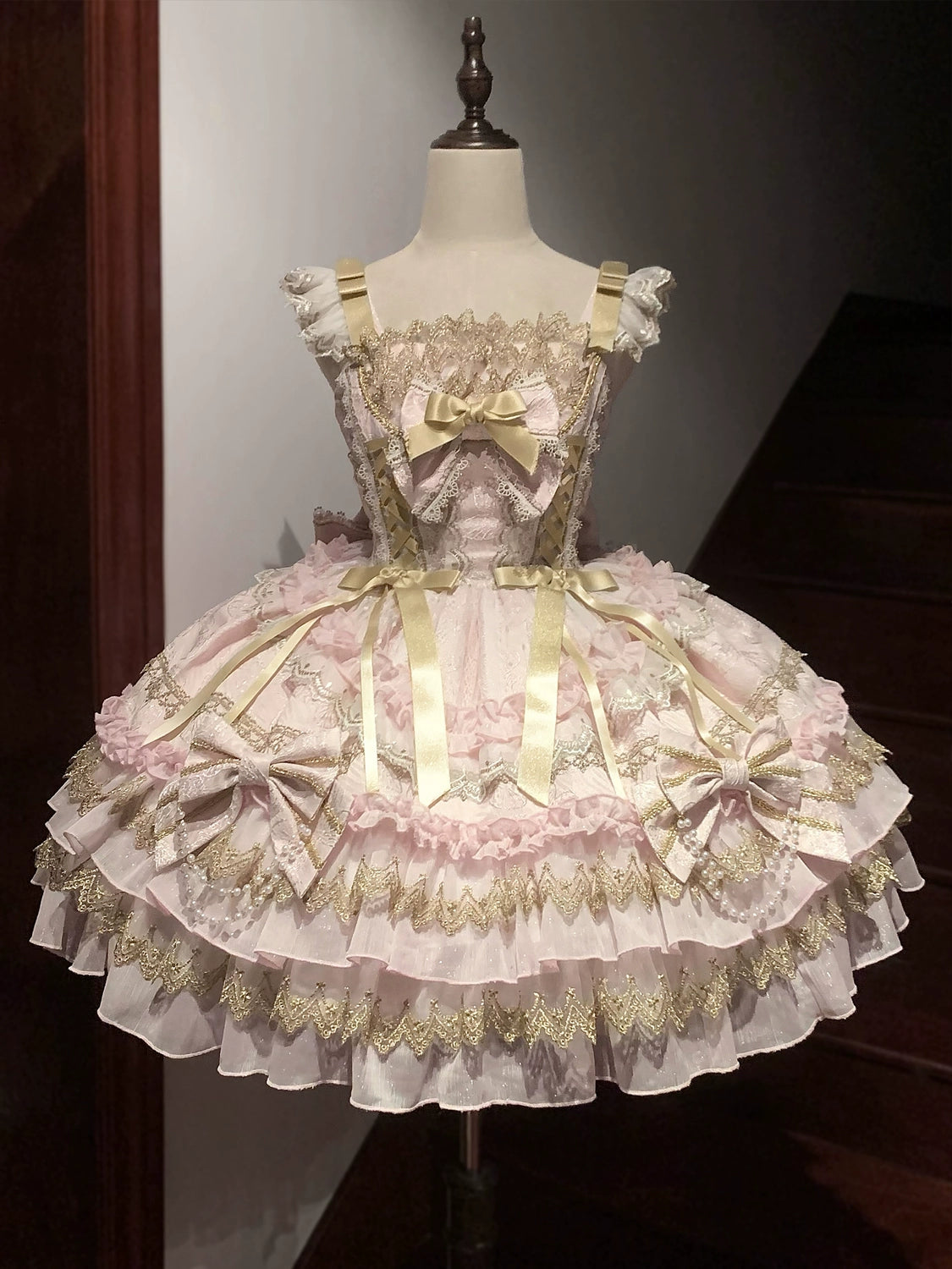 Hanguliang - Gilded Memories - Princess Lolita Jumper Dress, Tiered Ruffles Pink JSK Only S