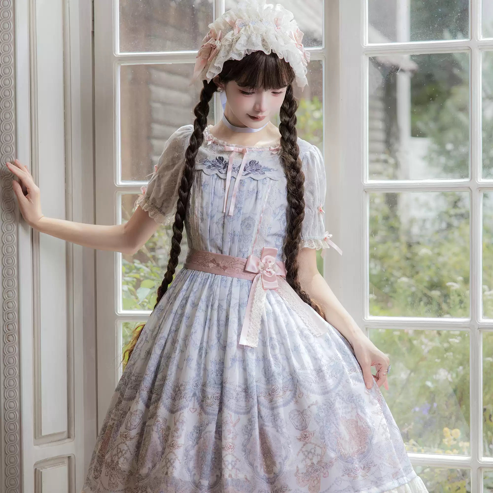 Rose Fragrance - Classic Lolita Lace JSK & OP Dress, Rose & Perfume Bottle Print 45850:865574