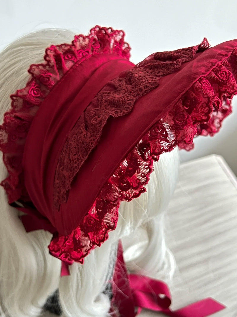 MAID - Gothic Lolita Lace Bonnet Wide Brim Bow BNT Headwear