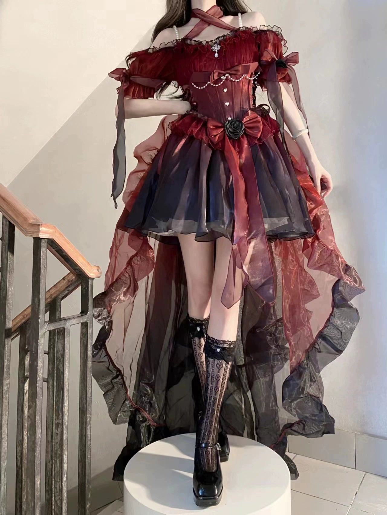 Meowing and fruity - Elegant Lolita Gradient Dark Blue Prom Dress Set black-red short version (dress only) S