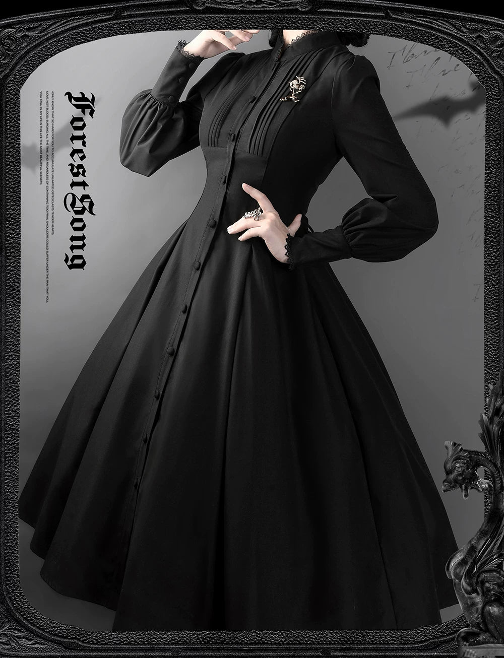 Astrea - Black Classic Lolita Long OP Dress, Side Pockets