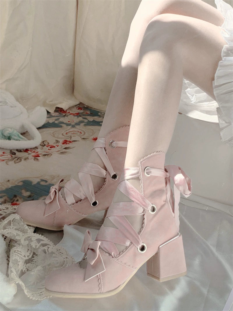(BFM)MR.Qiutian~Muse Kiss~Elegant Lolita Shoes Lace-up Bow Heels Round Toe 33144:405812