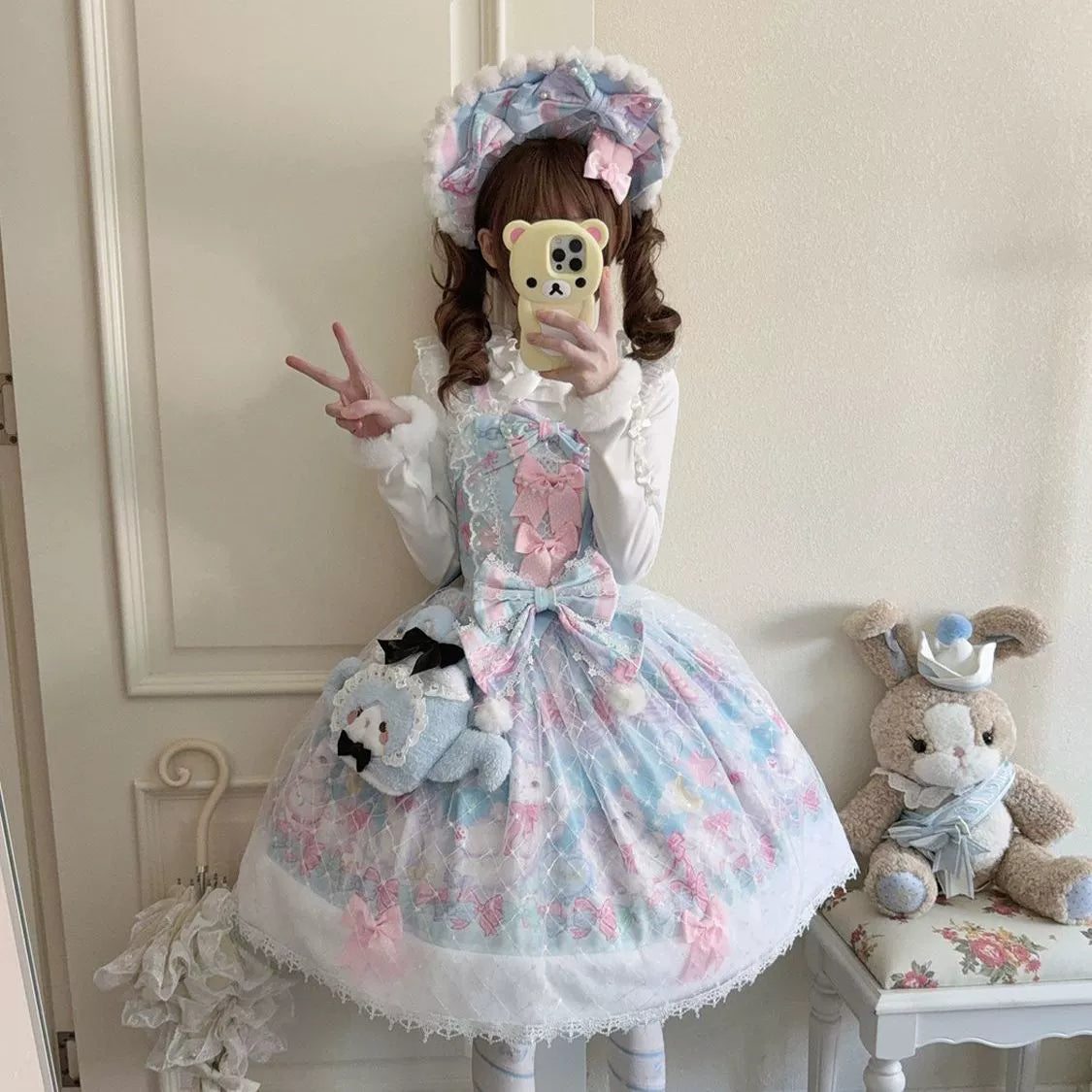 Hanguliang - Candy Mary Cat - Fluffy Sweet Lolita JSK Dress, Kitten Print Blue JSK Only S