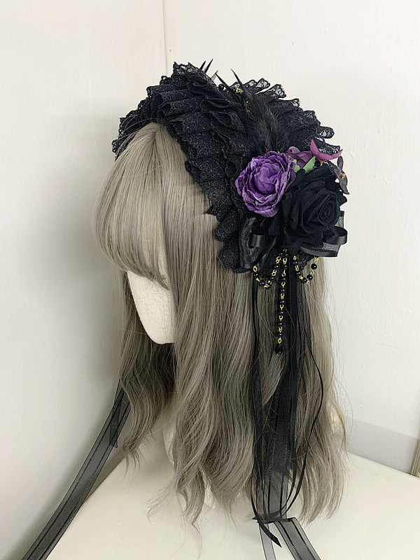 Sweet Jelly Lolita - GothicLolita Headdress Lace Headband with Delicate Florals Black x Purple