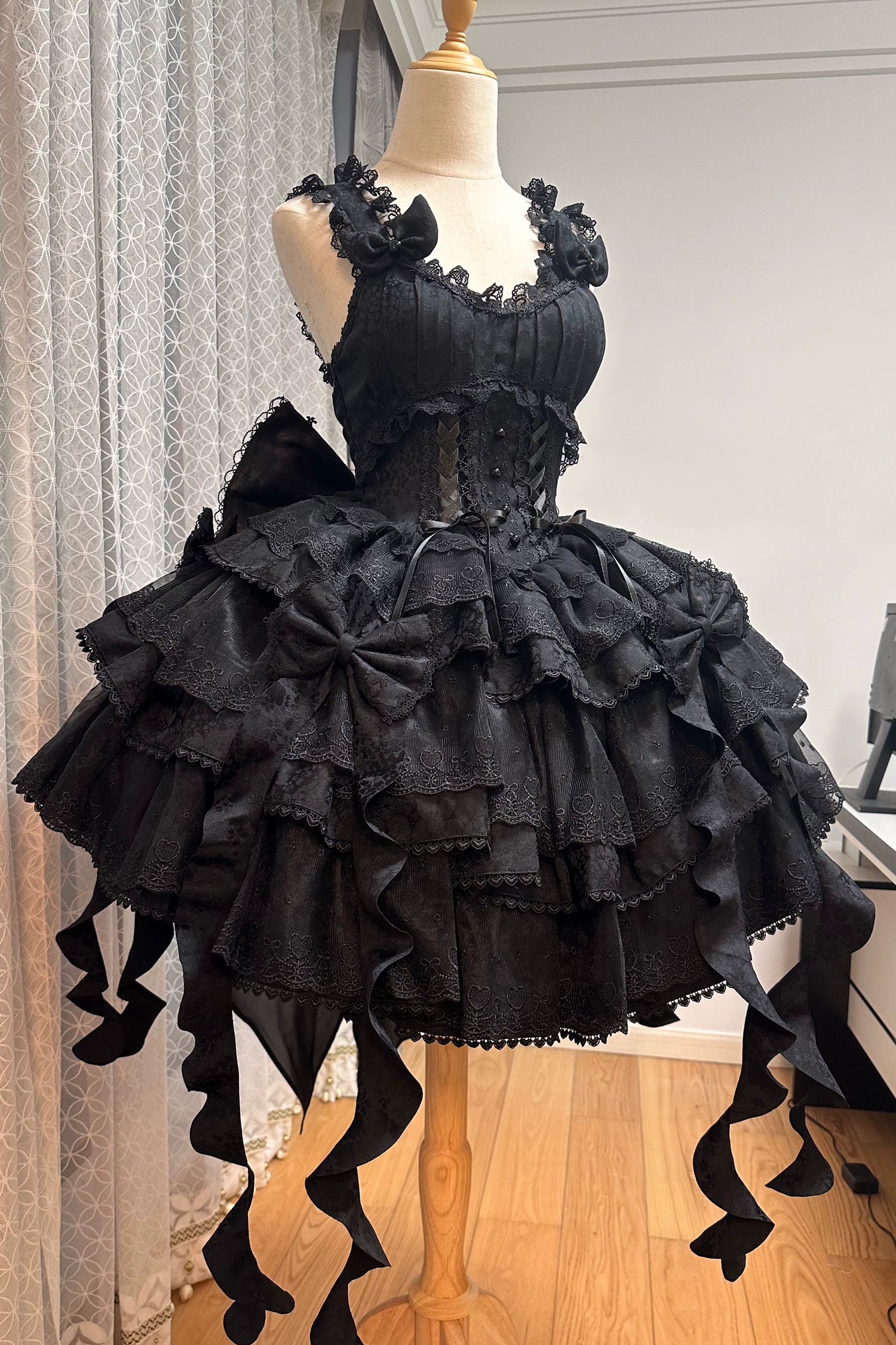 Mori Isle - Solid Gothic Lolita JSK Dress, Embroidered Lace (Black / L M S XS) 45658:857759