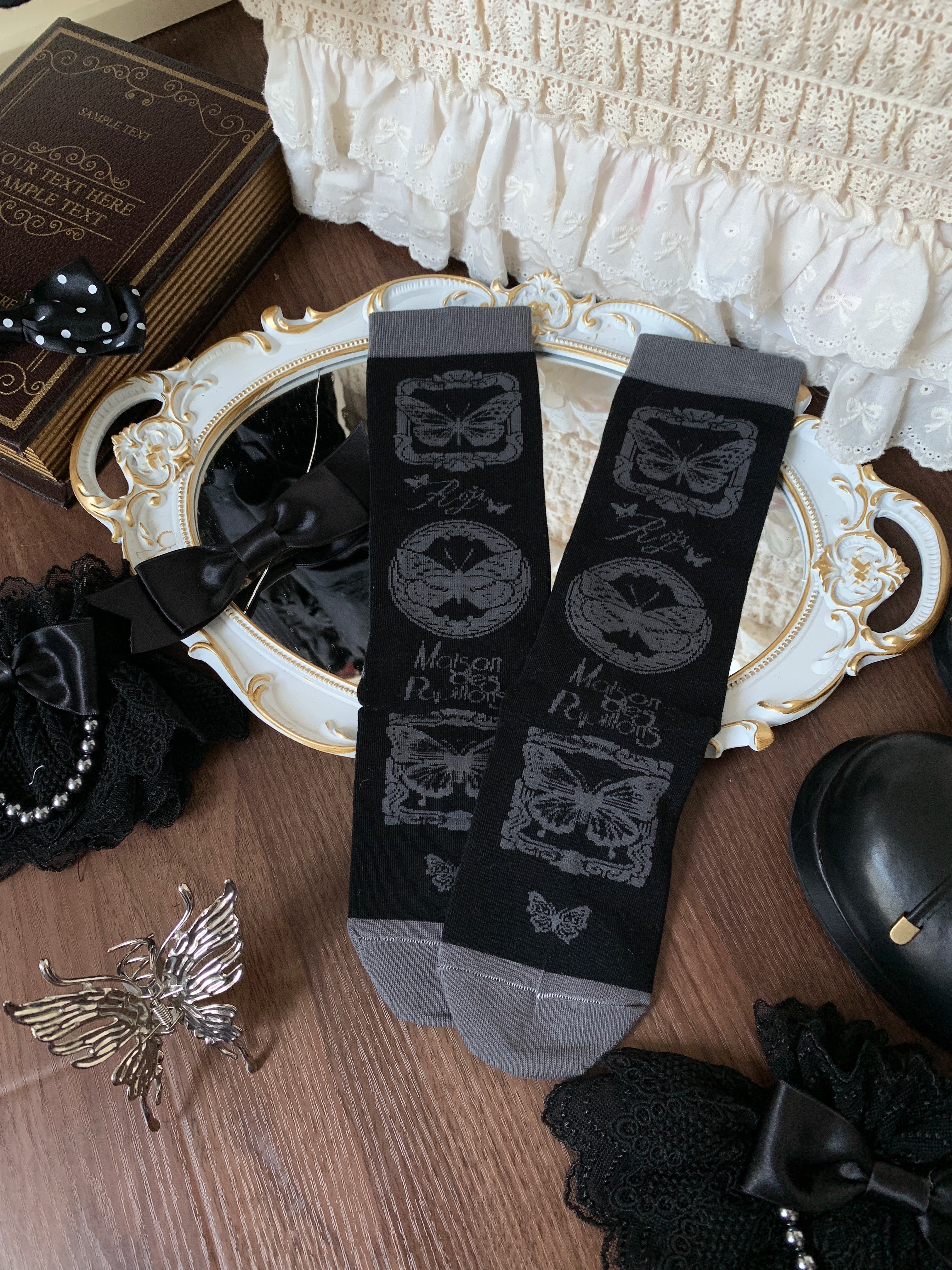Roji Roji - Sweet Lolita Cotton Socks, Detachable Cuff Bow Trim Black-Gray Socks Only (without cuff bow trim)