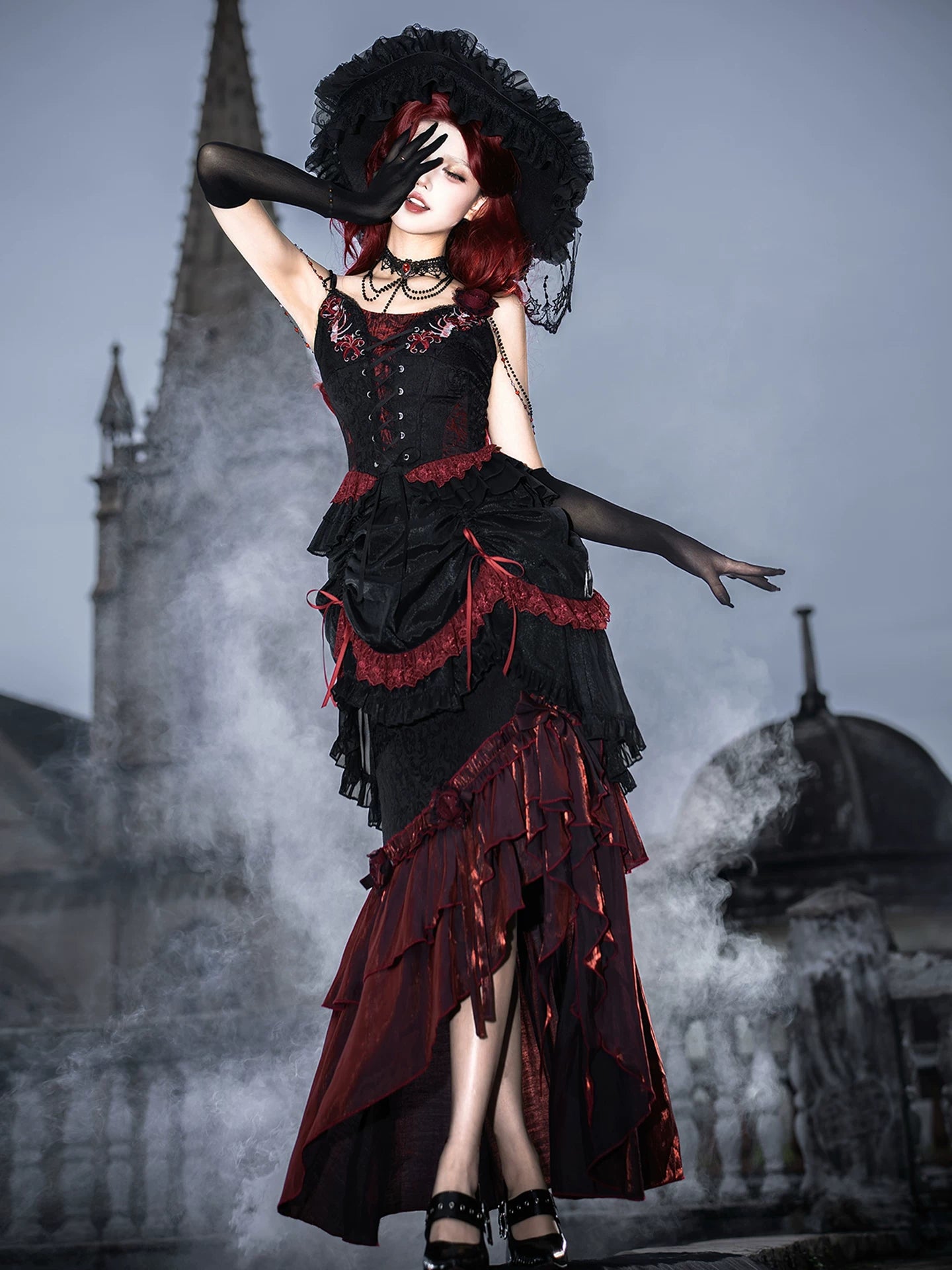 Bone Rot Bloom - Gothic Lolita Embroidered Camisole & Drawstring Lift-up Hem Skirt 45593:854855