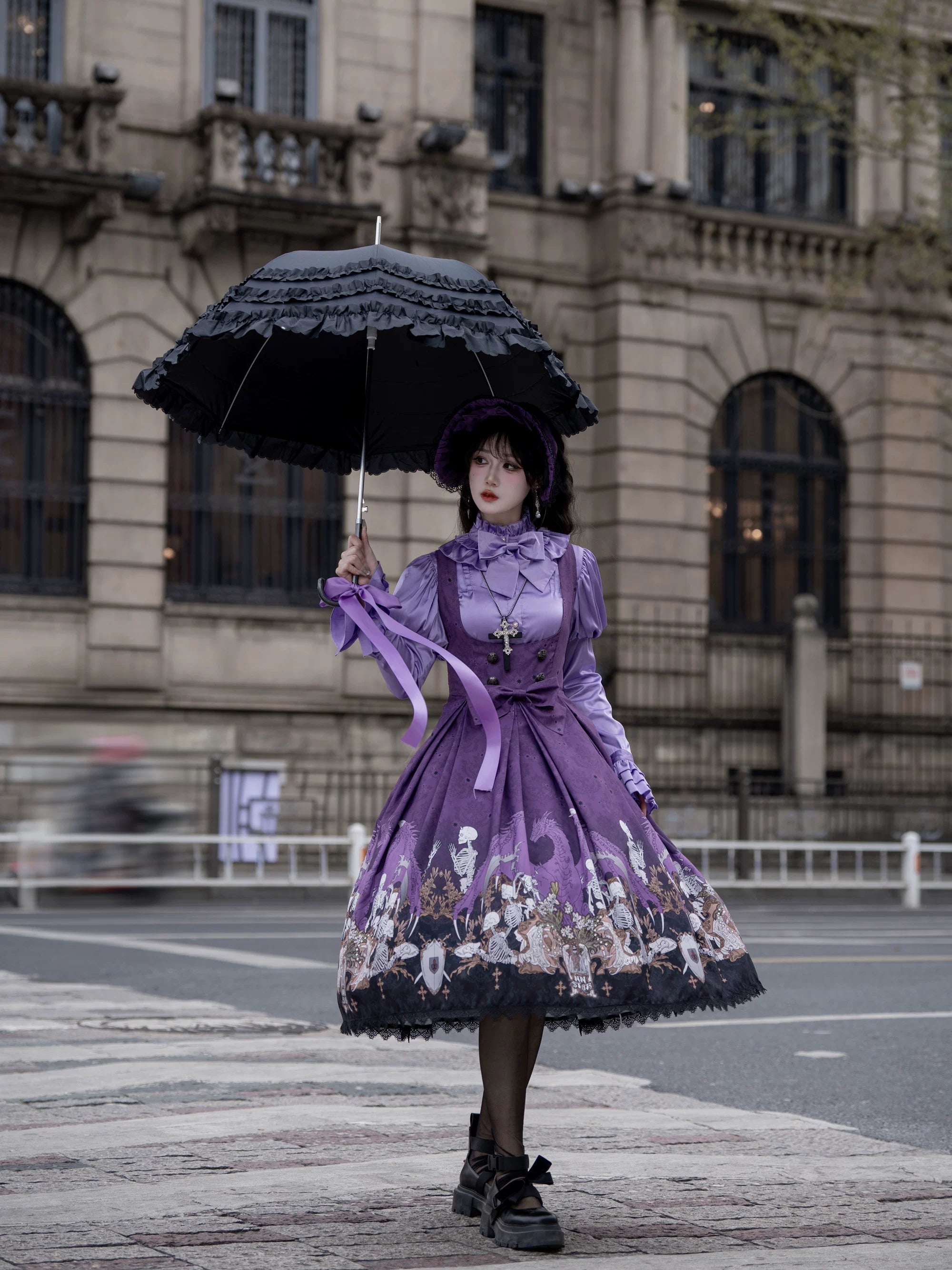 Dragon Bone Lily - Vintage Gothic Lolita Dragon & Skeleton Print JSK Dress 45283:844478