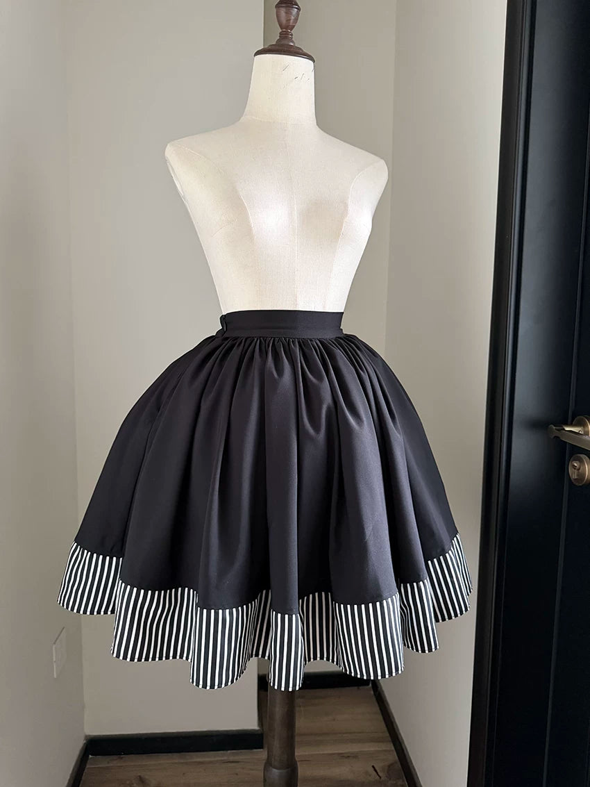 Laura's Reply - Gothic Lolita Black Skirt with Striped Hem Black Stripe Skirt S