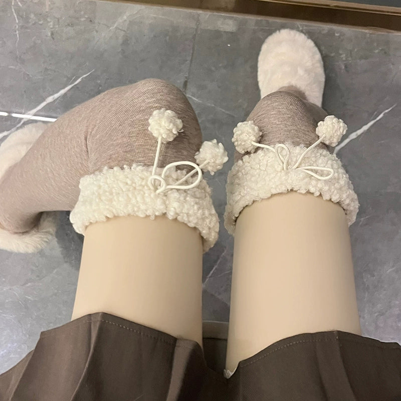 Hua Nai cat - Kawaii Winter Lolita Stockings Fuzzy Trim Furball Over-knee Socks One Size Cream coffee