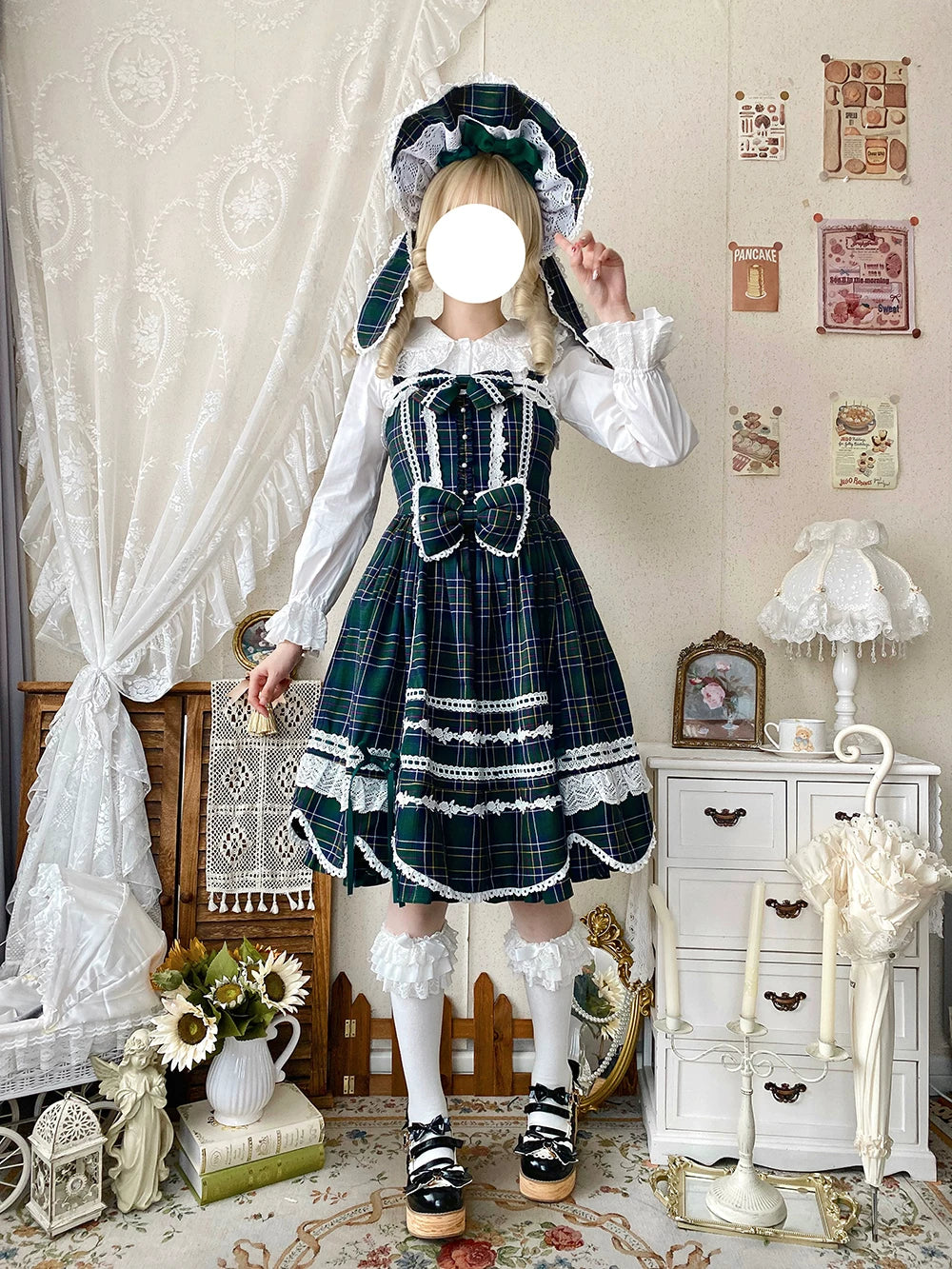 Plaid Petal Bunny - Old School Lolita Plaid JSK Dress, Side Pockets 44674:818460