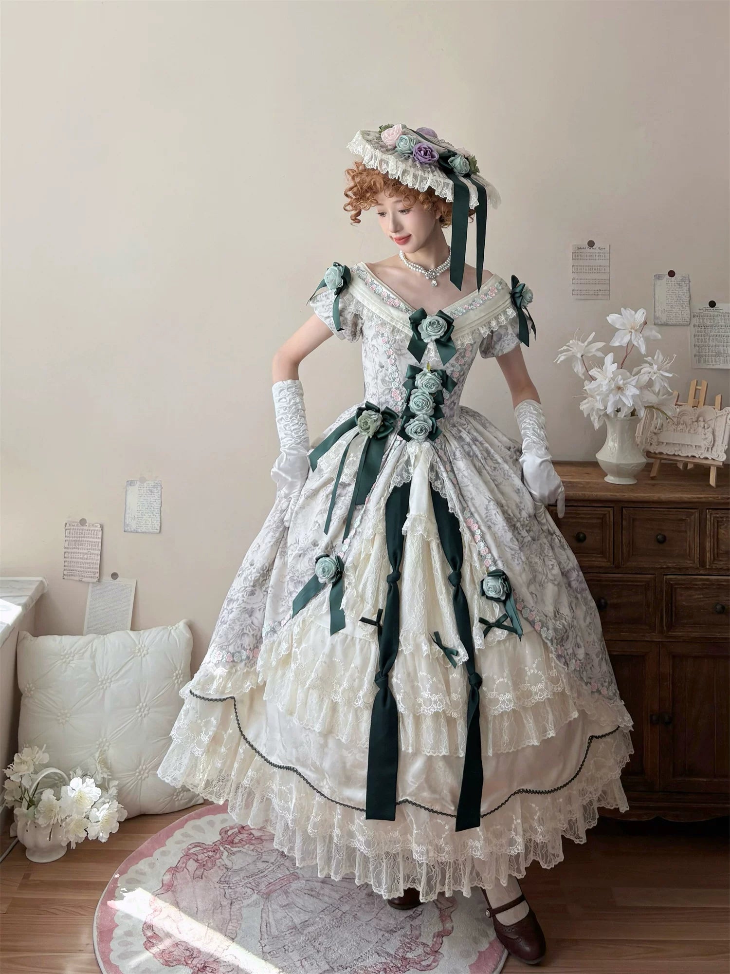 Dolota Flower Wall - Classic Lolita Floral OP Dress, Open Shoulder 44485:811218