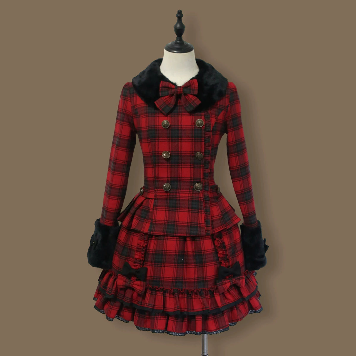 Filled Chocolate - Winter Classic Lolita Plaid Coat Set, Detachable Plush Collar Red Plaid Coat + Bow Tie + Short Skirt XS