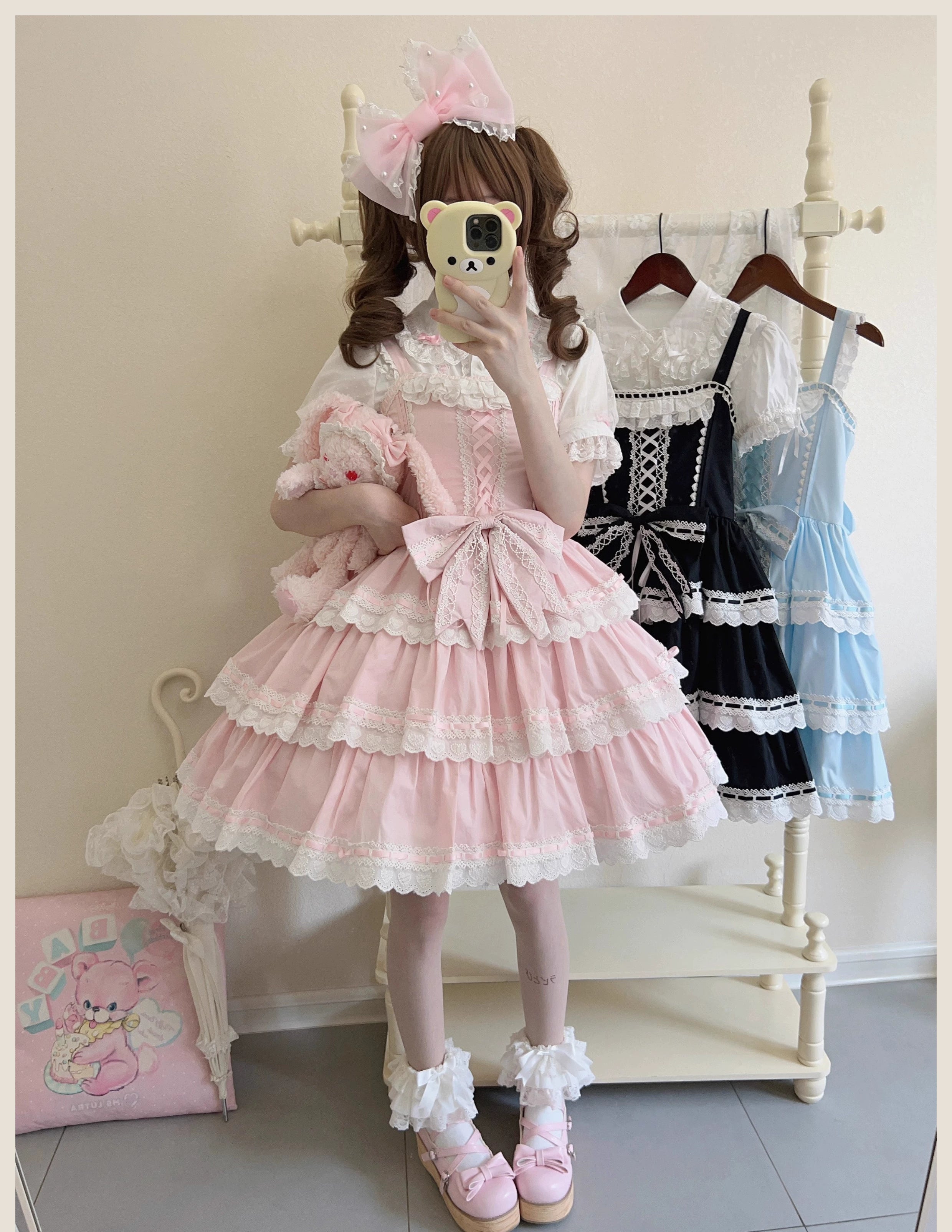 Otome Heart - Cotton Old School Lolita JSK Dress Suit, Heart-Shaped Lace Trim 43381:774552