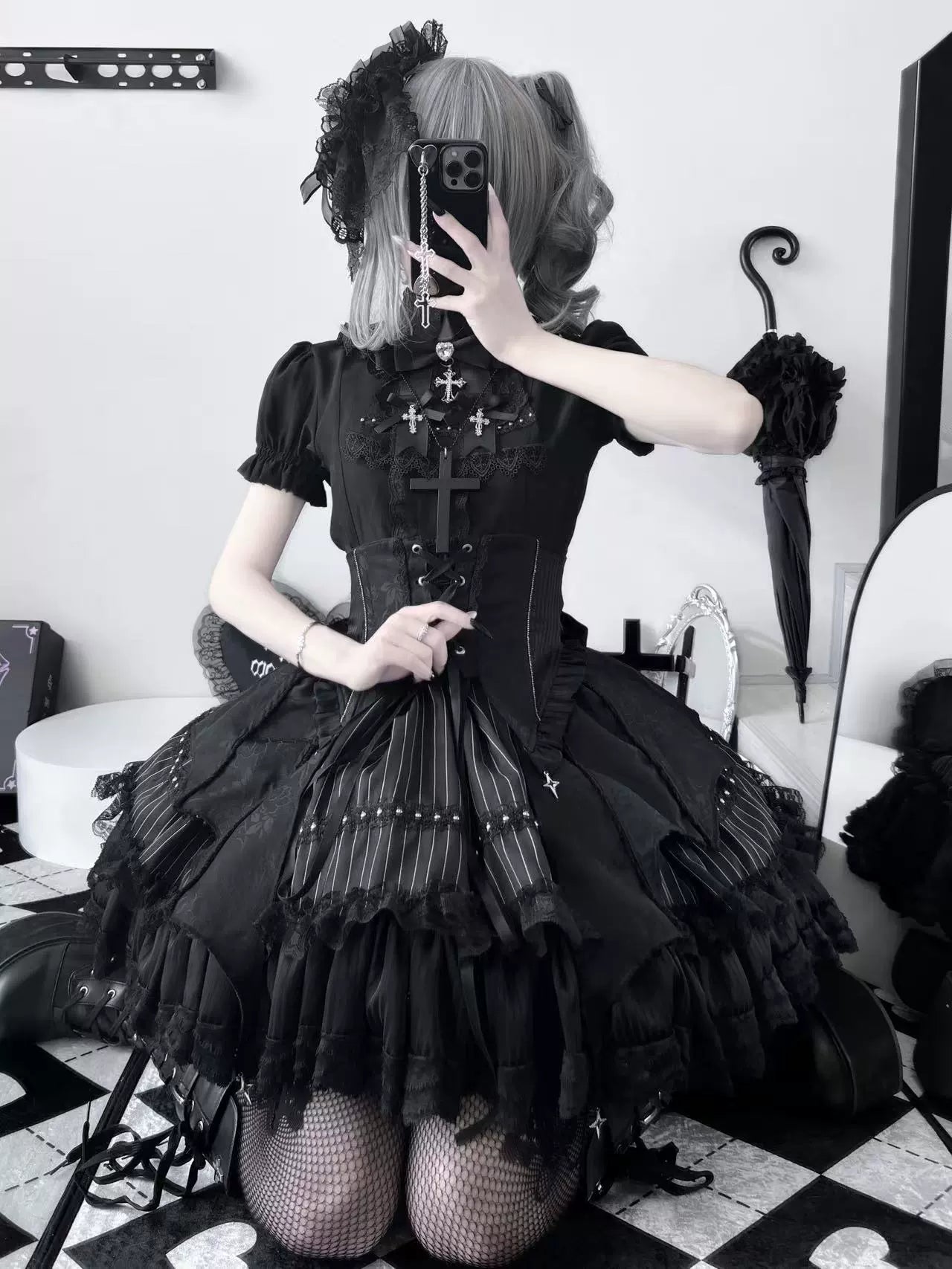 Twilight Song - Trace Bone - Black Gothic Lolita SK & Waist Cincher (L M S XL XS) 43719:784296
