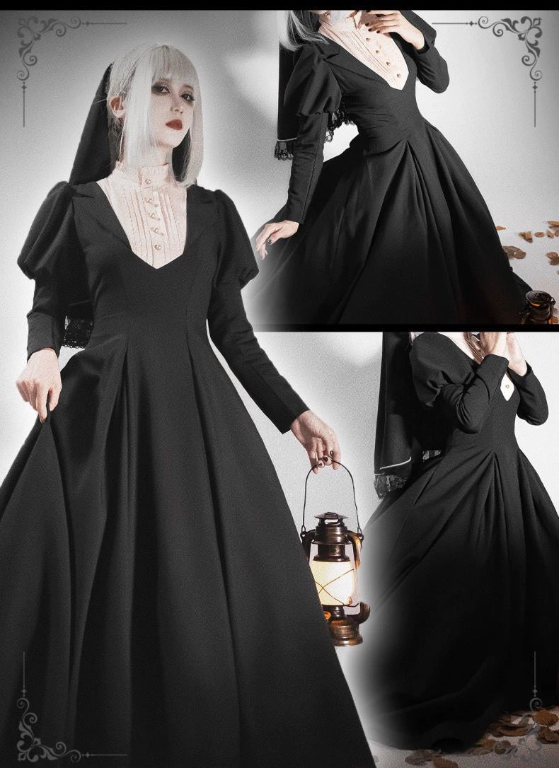 Wanqingyuan - Halloween Gothic Lolita OP Nun Style Long Sleeve Dress