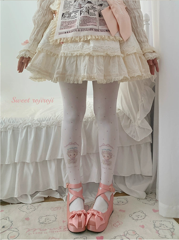 Roji Roji - Sweet Lolita Tights Velvet Print Pantyhose Height (150-175) Pink