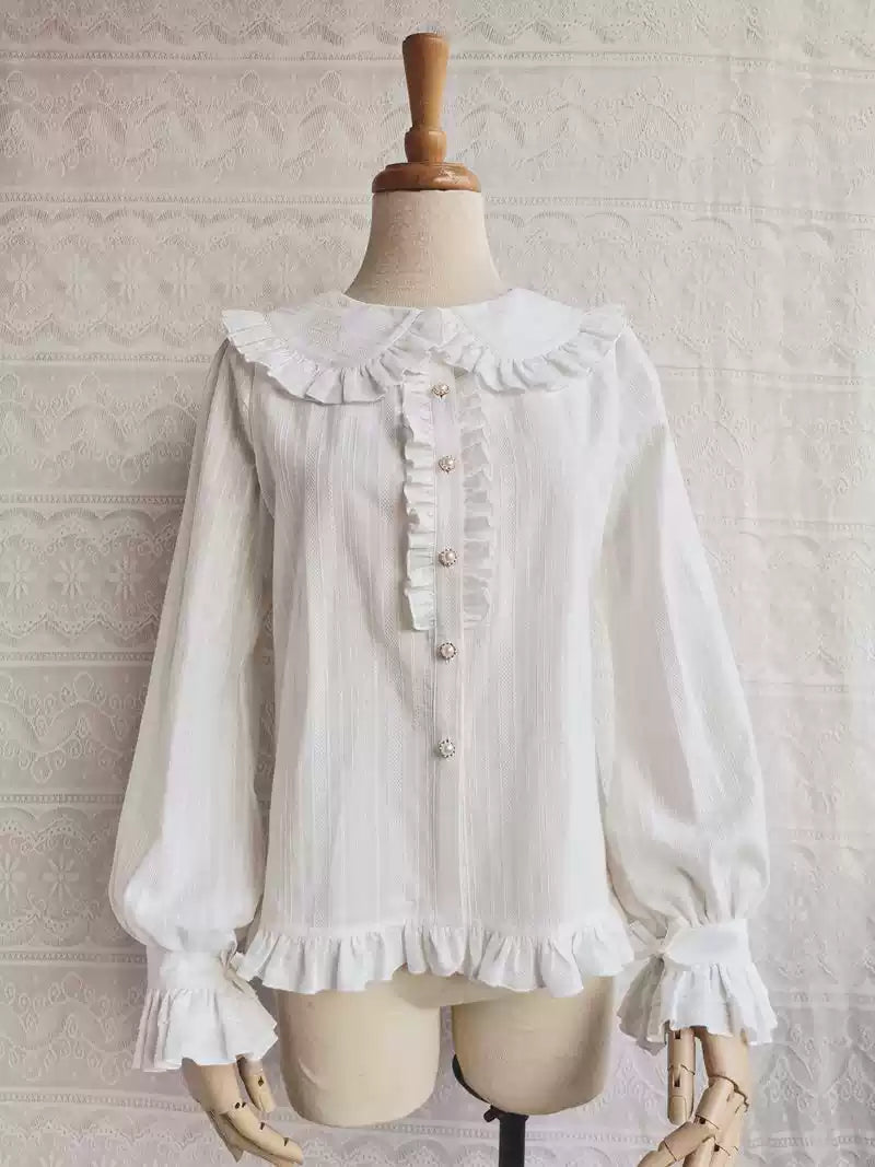 Cotton Sweet Lolita Blouse, Flounce Ruffles XS White