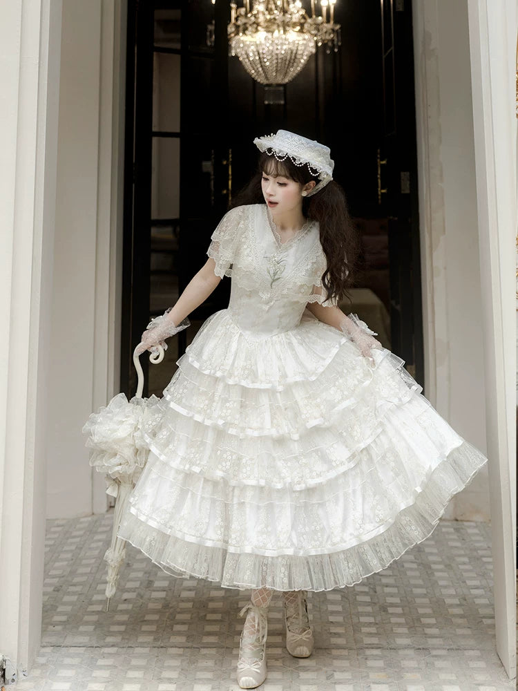 Morning Dew Lily - White Classic Lolita OP Dress, Tiered Skirt