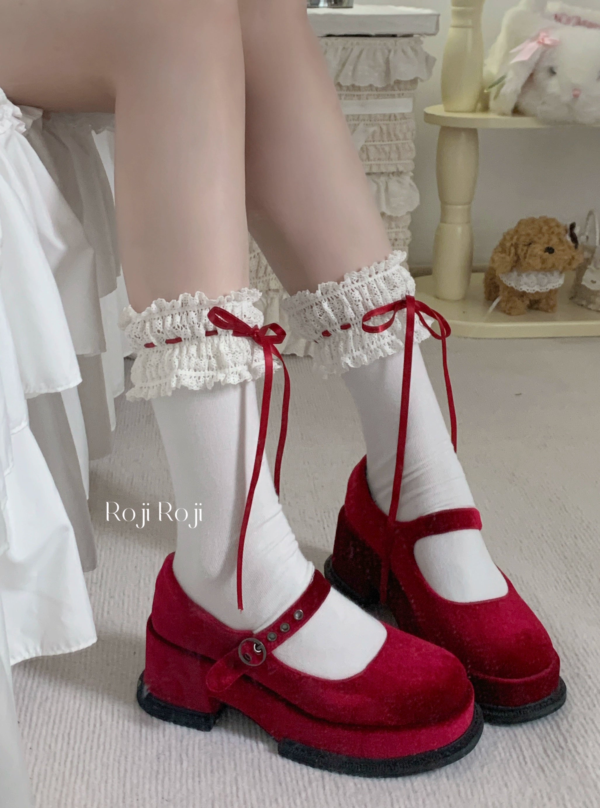 Roji Roji - Gentle Town - Sweet Lolita Cotton Calf Socks, Ankle Socks Red ankle socks One Size
