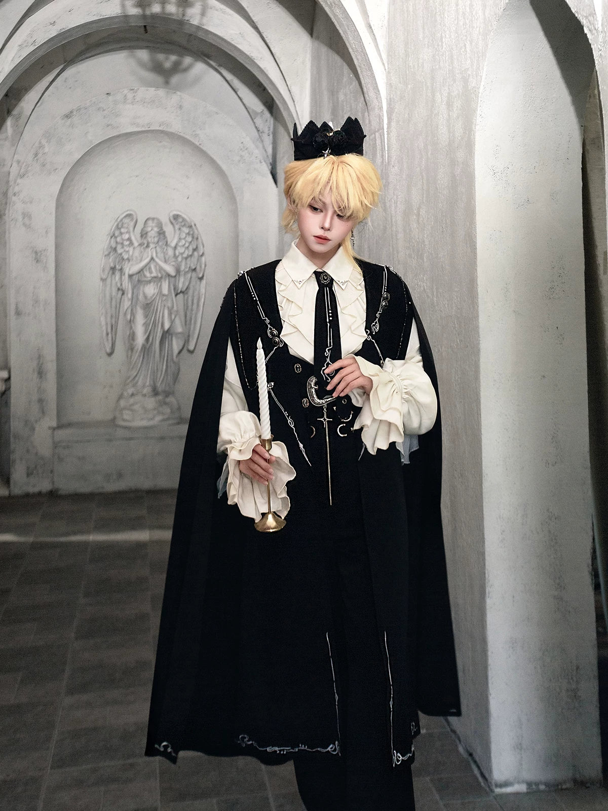 Hidden Crow - Ouji Lolita Cloak & Pants Suit, Silver-Thread Embroidery 46041:873234