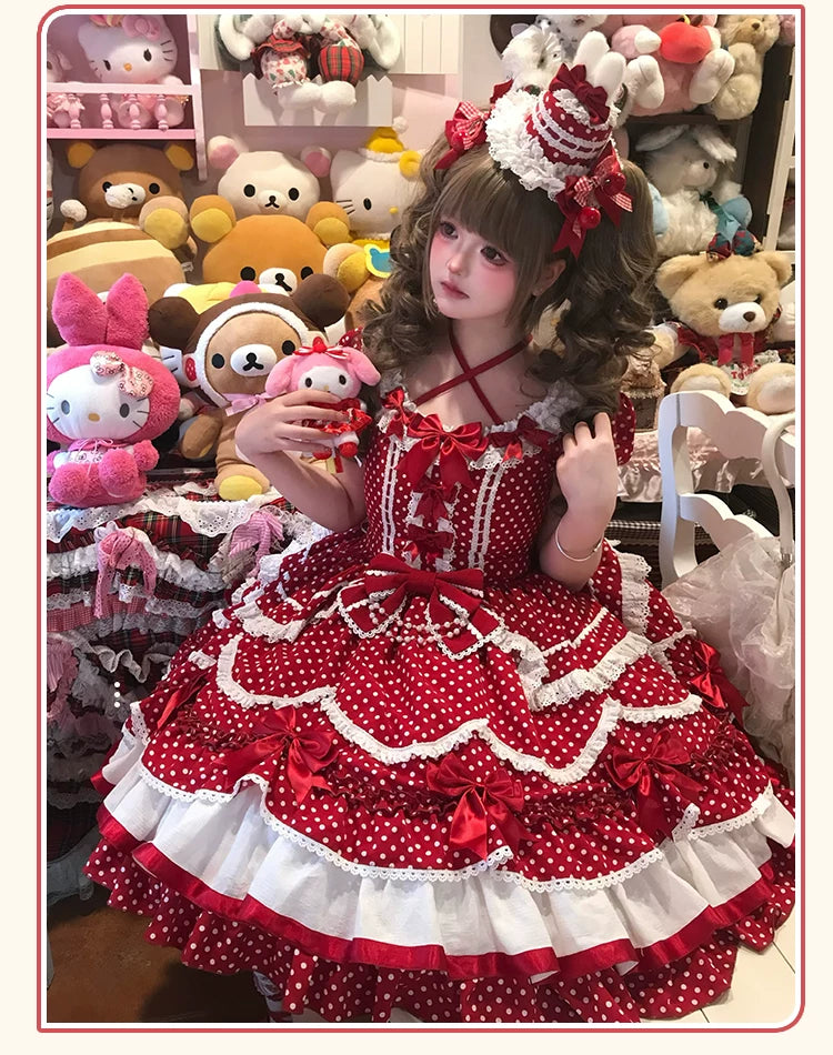 Berry Dew Drops - Red Old School Lolita OP Dress, Polka Dot