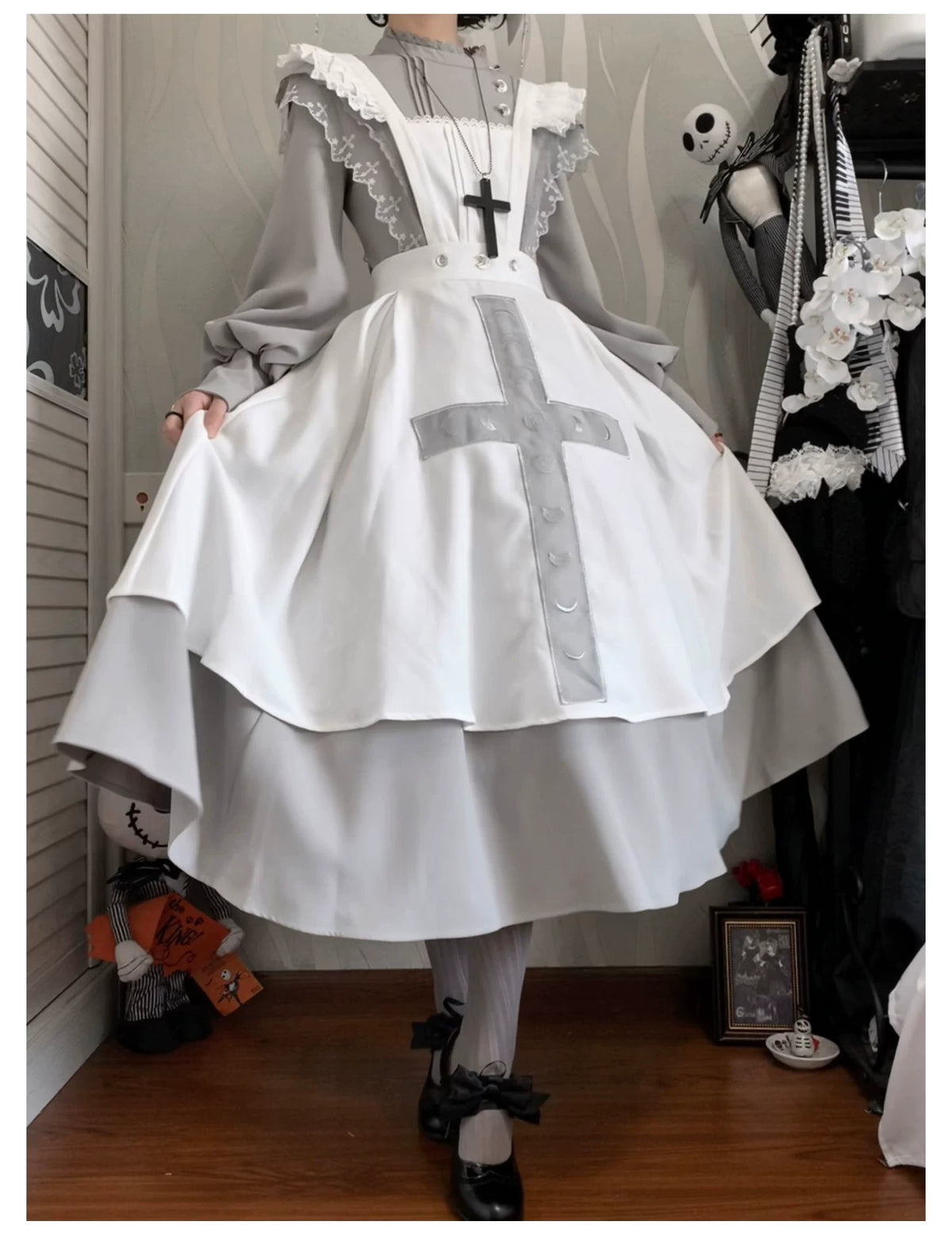 Moon Phase - Gothic Lolita OP Dress Set, Detachable Cross-Shaped Apron 46035:873410