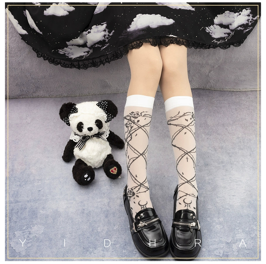 Glass Yarn Gothic Lolita Tights for Tropical Elegance One Size black(Crew socks)