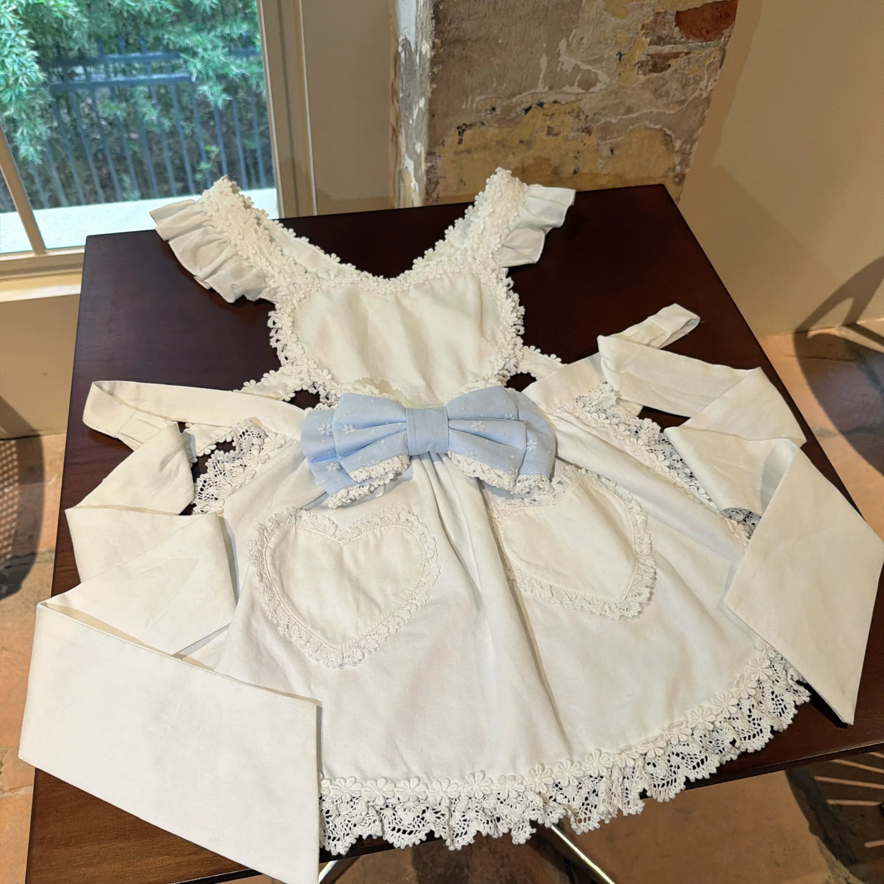 Creamy Sweet Bunny - Cotton Old School Lolita Bunny Ear OP Dress with Bows White Apron Only (one size / choose M) S