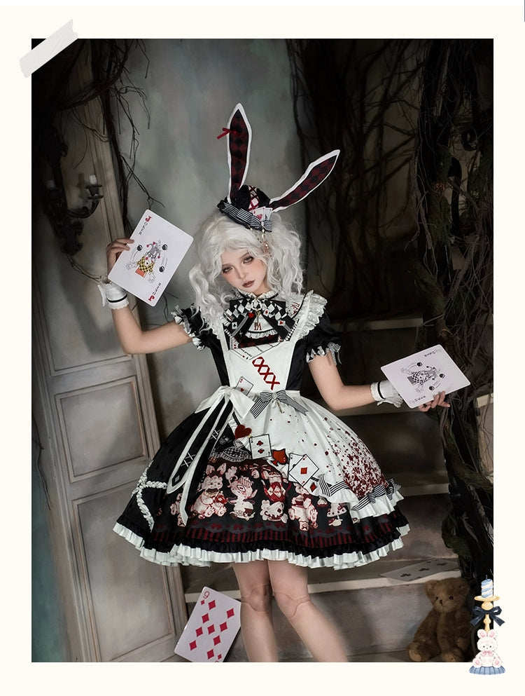 YingLuoFu - Alice - Kawaii Lolita OP Dress, Rabbit & Playing Card Motifs