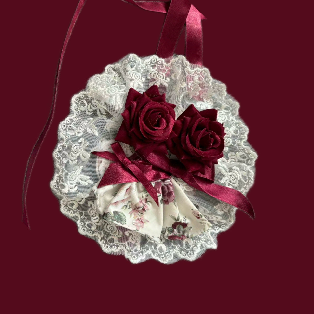 TaTaTa Lolita - Burgundy Rose - Floral Printed Old School Lolita JSK, Elegant Cape Hanamaru Headpiece Only (one size / choose M) S