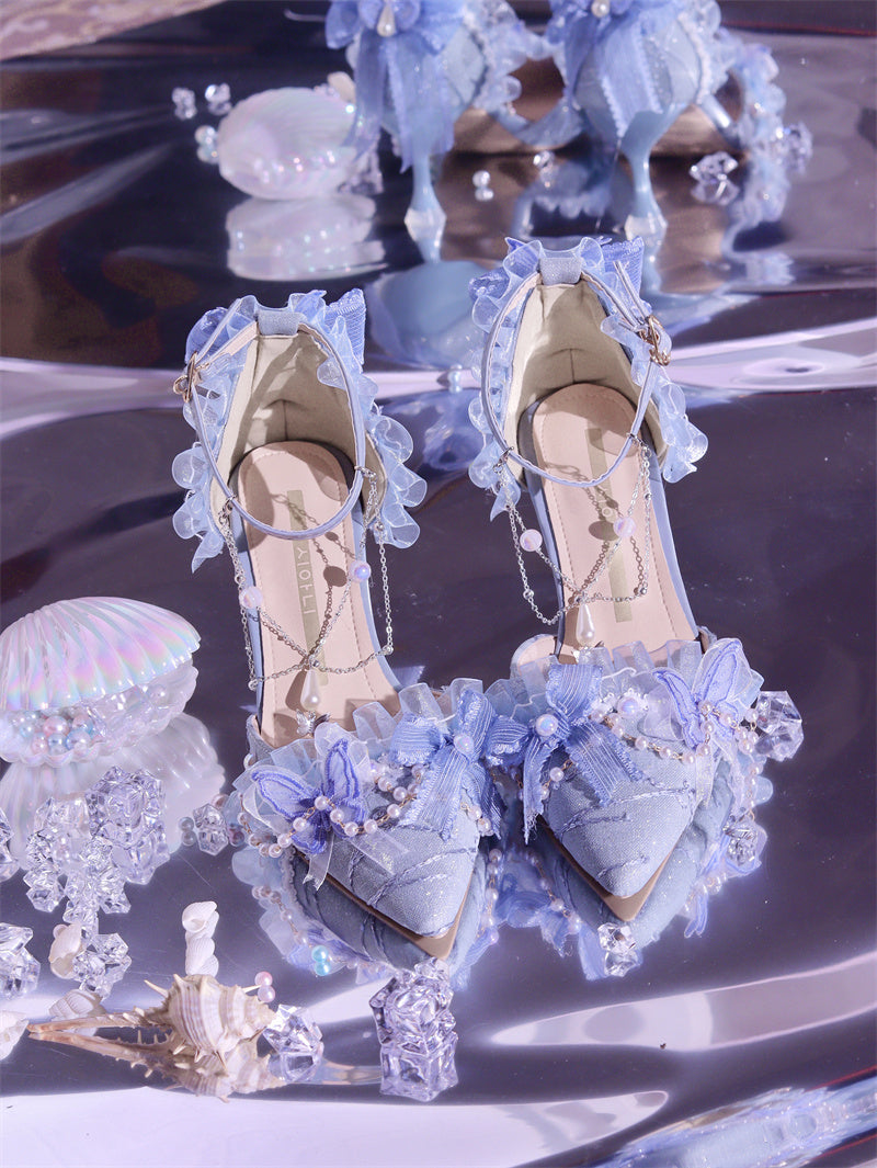 Ximeng Lolita - Deep Sea Hospital - Plus Size Wedding Lolita Bridal Shoes Customized Heels Sky blue with anklet - 7 cm / 2.8 inches 37