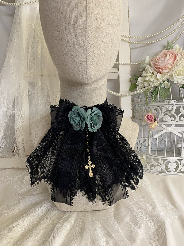 Sweet Jelly Lolita - Black Gothic Lolita Necklace Lace Lolita Brooch Black and emerald green necklace version